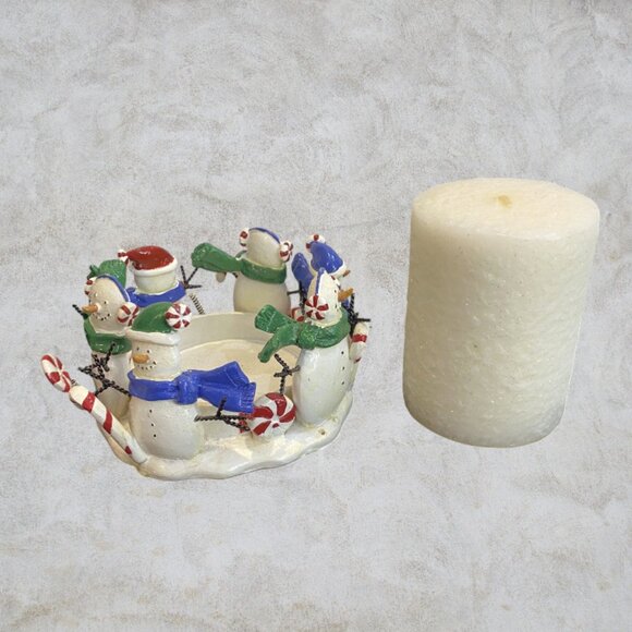 CHRISTMAS CANDLE -- Snowmen and Peppermint Holder, White Sparkly Candle - Picture 6 of 8
